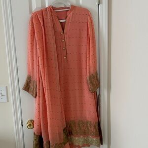 Peach and Green Embroidered Shalwar Kameez - 34 / small